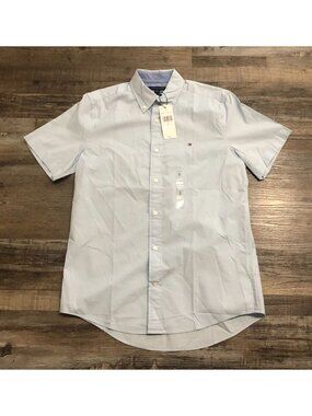 Tommy Hilfiger Mens Small Light Blue Poplin Short Sleeve Button Down Shirt New w